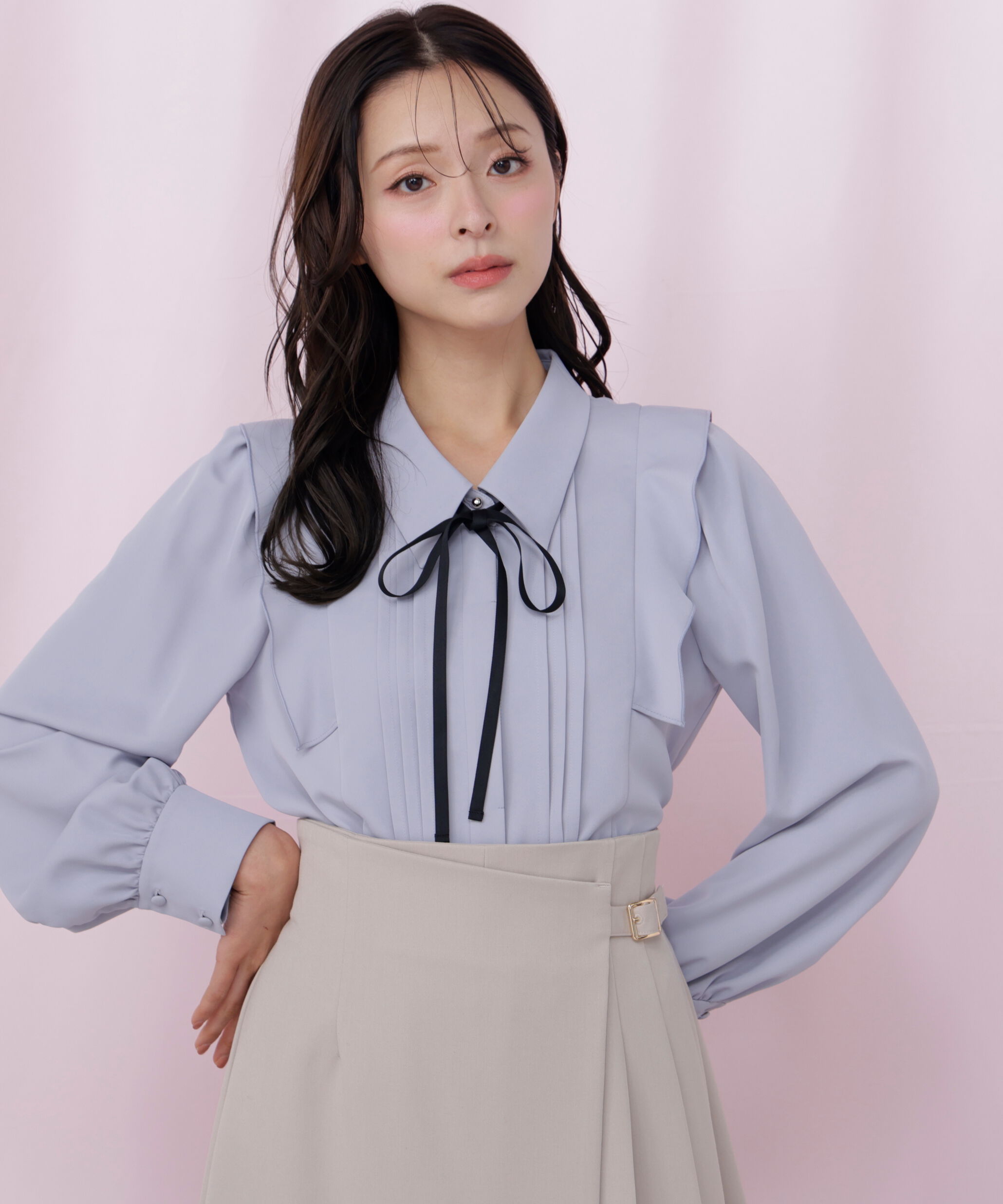  「リボン付きピンタックブラウス」|シャツ・ブラウス|ブルー