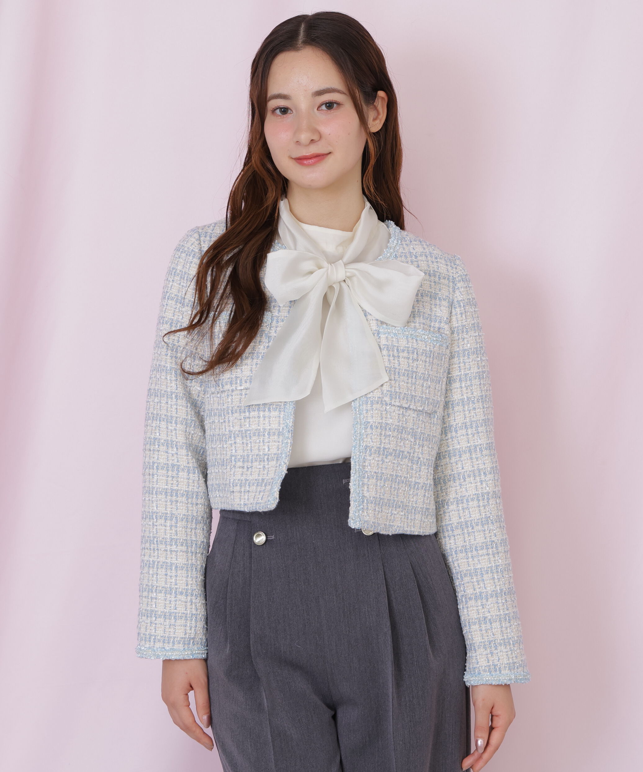  「ビジューブレード付きツイードジャケット」|その他|ブルー1