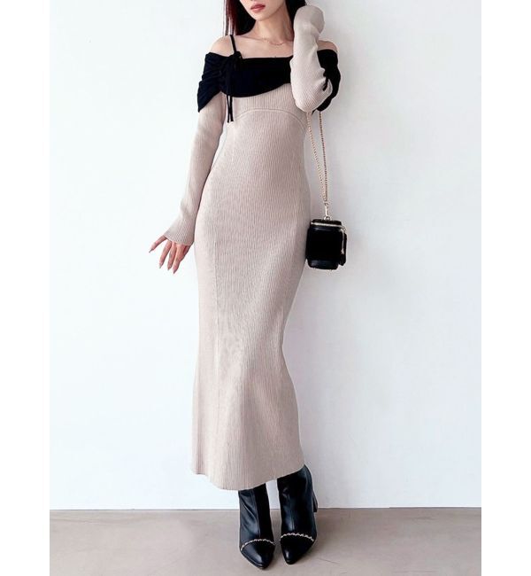 RESEXXY「【骨格ストレート向け】バイカラーニットワンピース」|ワンピース|ベージュ