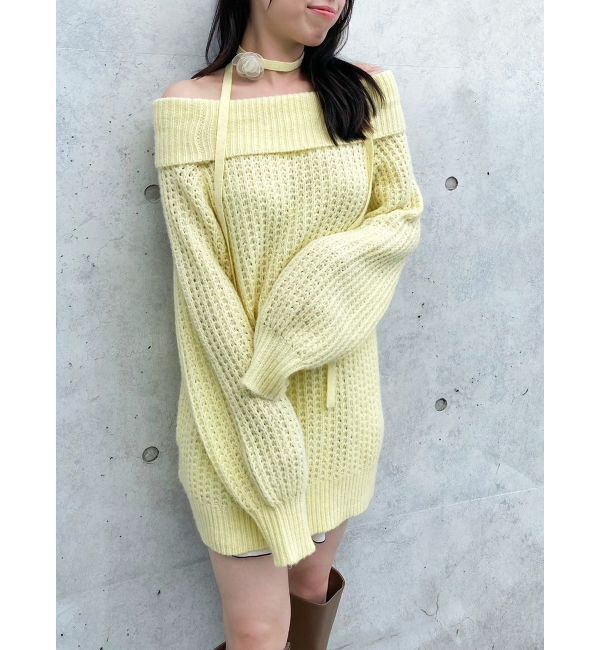 dazzlin「ワッフルオフショルコサージュニット」|ニット・セーター|イエロー