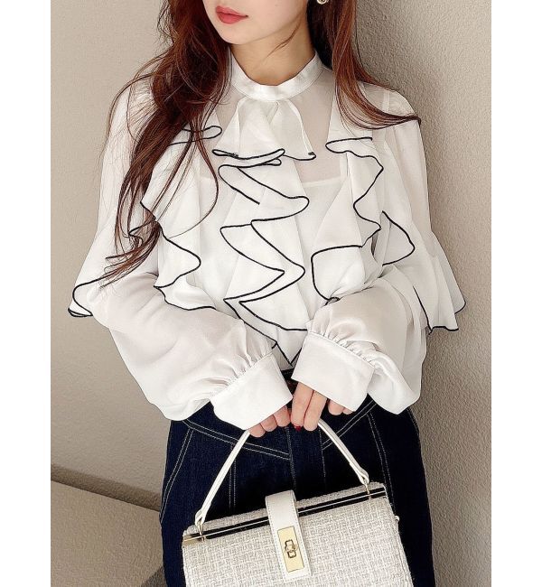 MERCURYDUO「配色メローラッフルブラウス」|シャツ・ブラウス|