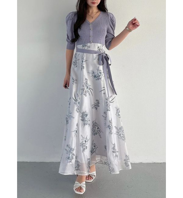 MERCURYDUO「ブーケ花柄ニットドッキングワンピース」|ワンピース|