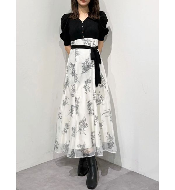 MERCURYDUO「ブーケ花柄ニットドッキングワンピース」|ワンピース|