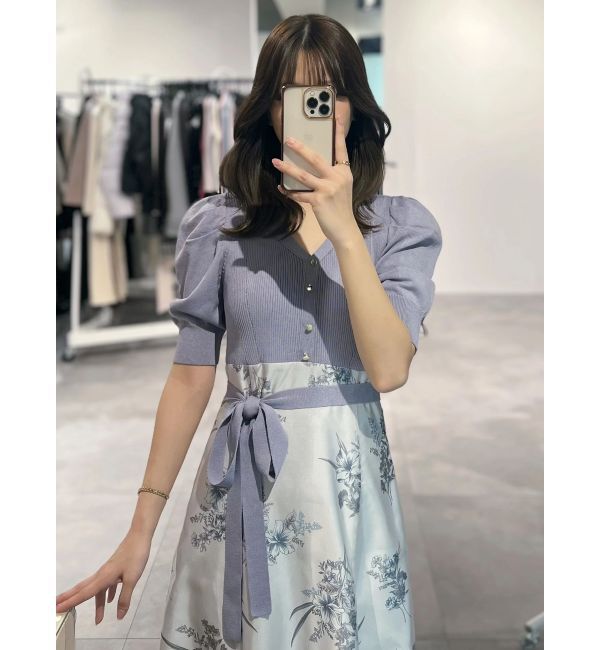 MERCURYDUO「ブーケ花柄ニットドッキングワンピース」|ワンピース|