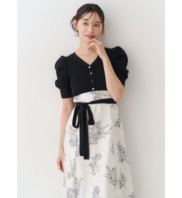MERCURYDUO「ブーケ花柄ニットドッキングワンピース」|ワンピース|