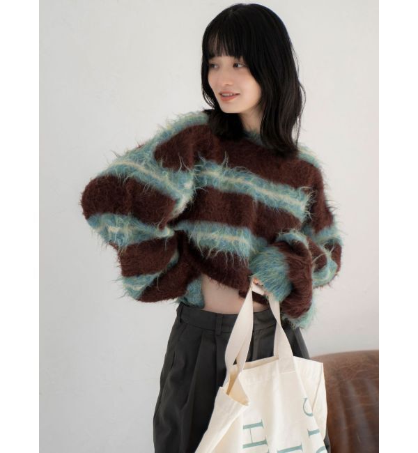 Ungrid「シャギーボーダールーズニット」|ニット・セーター|グリーン