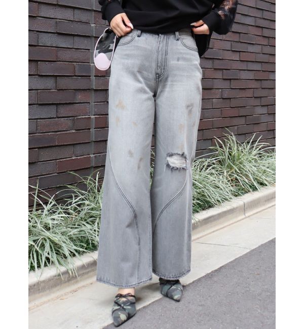 EVRIS「グランジルーズワイドデニムパンツ」|デニム|ブラック