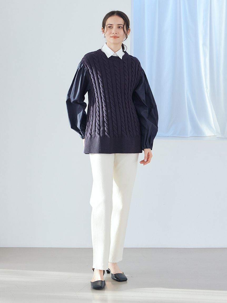 Mila Owen「付け衿付きシャツドッキングケーブルニット」|シャツ・ブラウス|