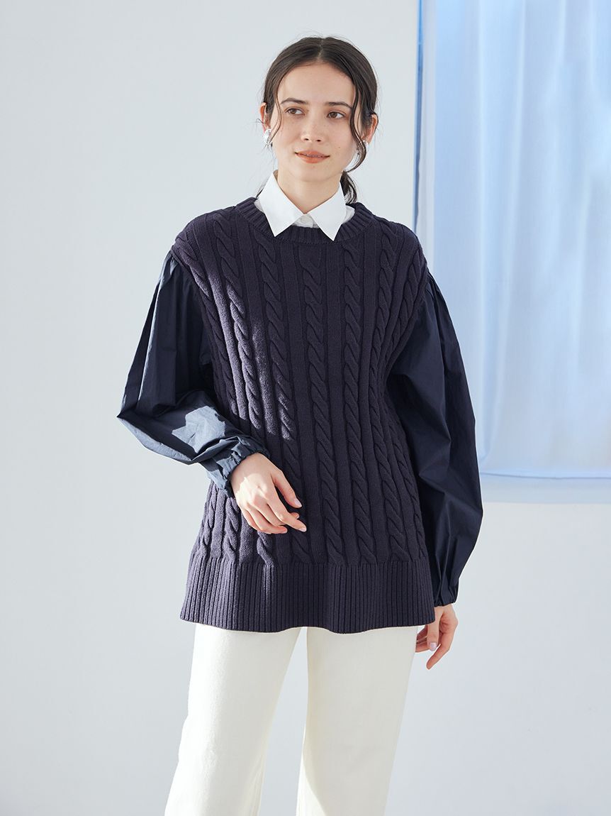 Mila Owen「付け衿付きシャツドッキングケーブルニット」|シャツ・ブラウス|