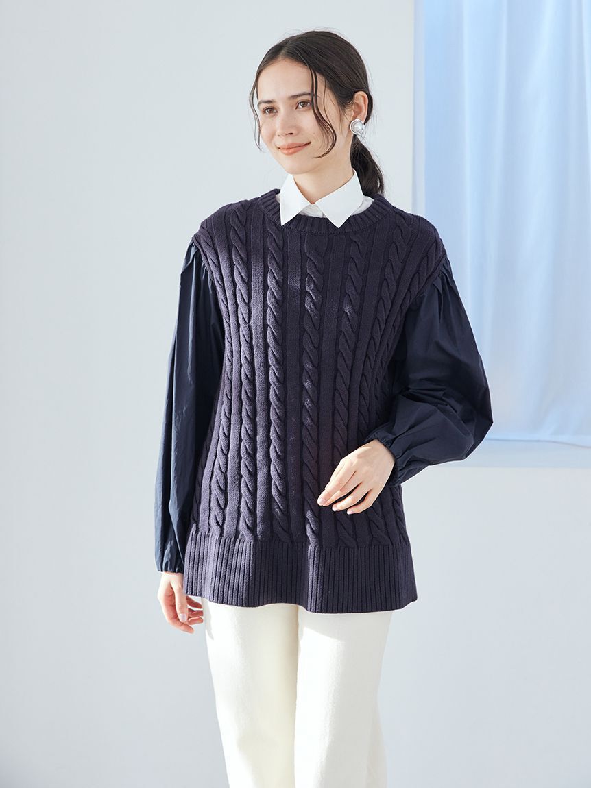 Mila Owen「付け衿付きシャツドッキングケーブルニット」|シャツ・ブラウス|