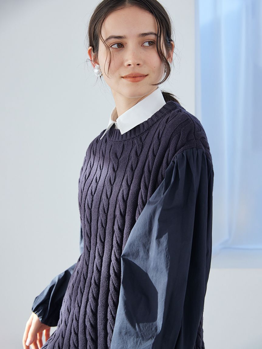 Mila Owen「付け衿付きシャツドッキングケーブルニット」|シャツ・ブラウス|