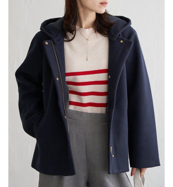 ikka「RENUメルトンフード取り外しジャケット」|ノーカラーコート|