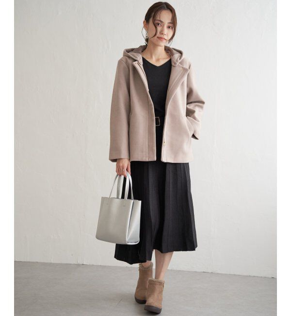 ikka「RENUメルトンフード取り外しジャケット」|ノーカラーコート|