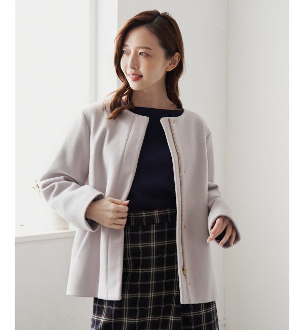 ikka「RENUメルトンフード取り外しジャケット」|ノーカラーコート|