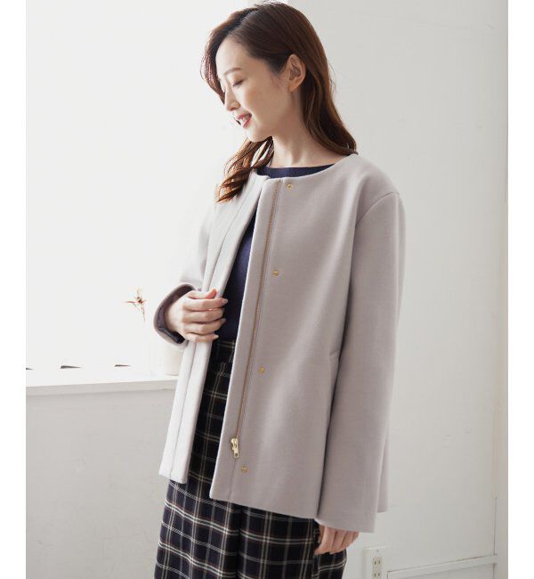 ikka「RENUメルトンフード取り外しジャケット」|ノーカラーコート|