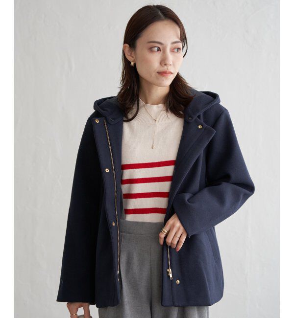 ikka「RENUメルトンフード取り外しジャケット」|ノーカラーコート|ネイビー