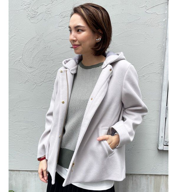 ikka「RENUメルトンフード取り外しジャケット」|ノーカラーコート|