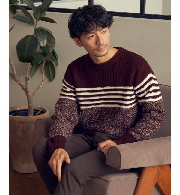 ikka「編地MIXパネルボーダーニット」|プルオーバー|ワイン