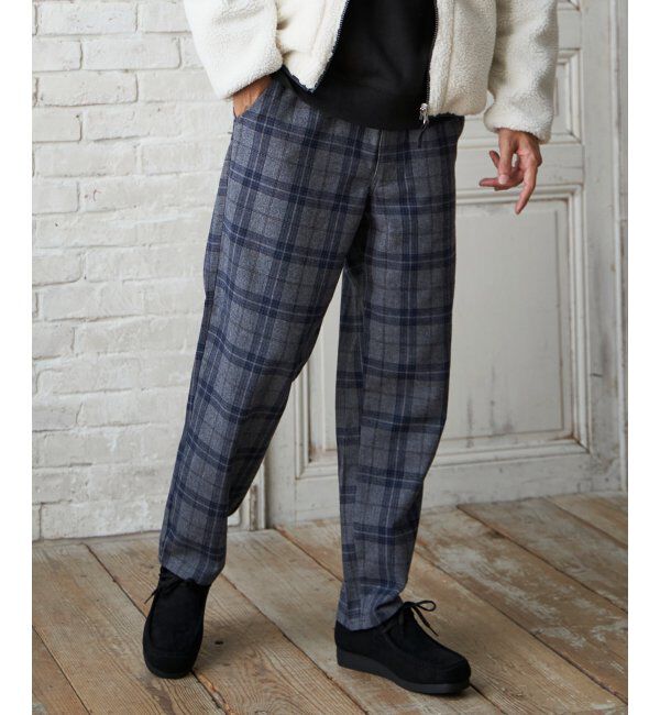 ikka「チェックテーパードワイドパンツ」|その他|ネイビー