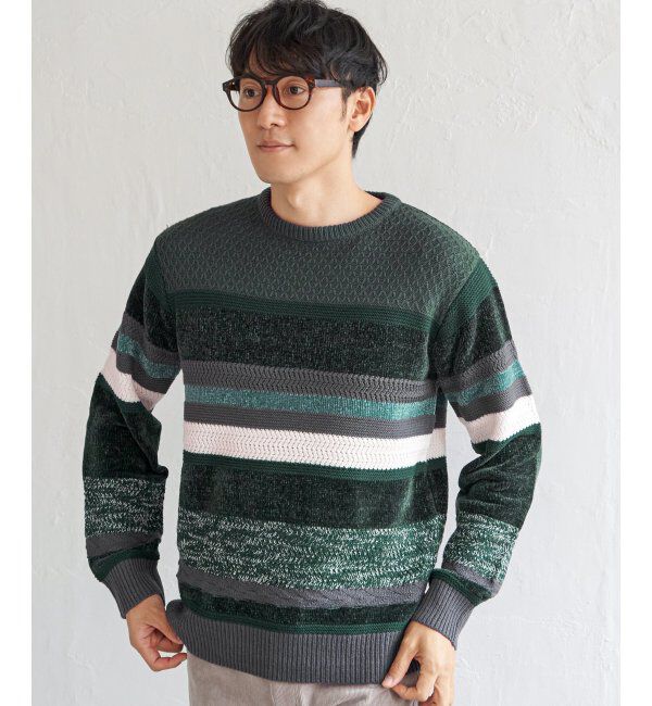 ikka「モールミックスボーダーニット」|プルオーバー|グリーン