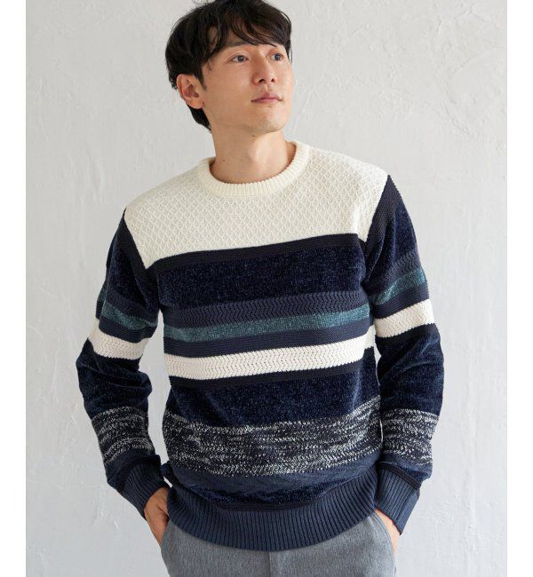 ikka「モールミックスボーダーニット」|プルオーバー|ネイビーブルー