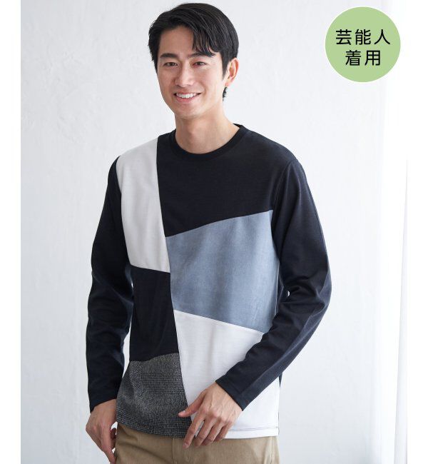 ikka「ブロックスチェックスエード切り替えロンT」|Tシャツ・カットソー|ネイビーブルー