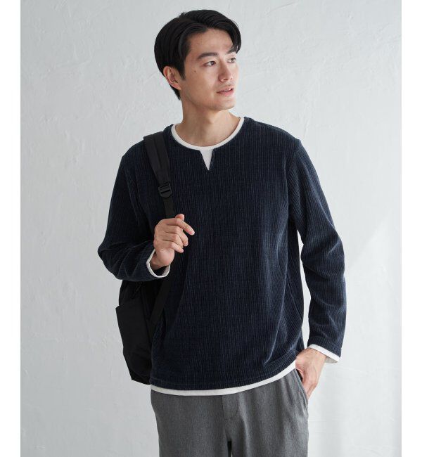 ikka「カットコールキーネックフェイクプルオーバー」|パーカー|ネイビーブルー