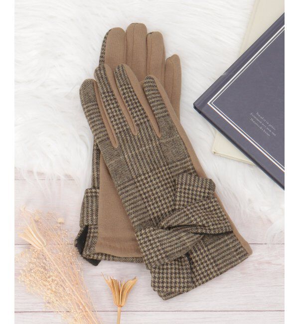 Lbc with Life「グレンチェックリボン付きグローブ」|手袋|ベージュ