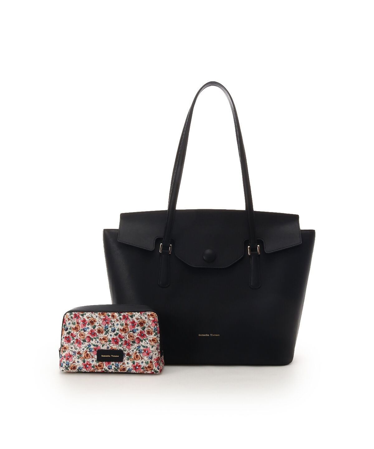 Samantha Thavasa「花柄ポーチ付き かぶせトートバッグ」|トートバッグ|ブラック