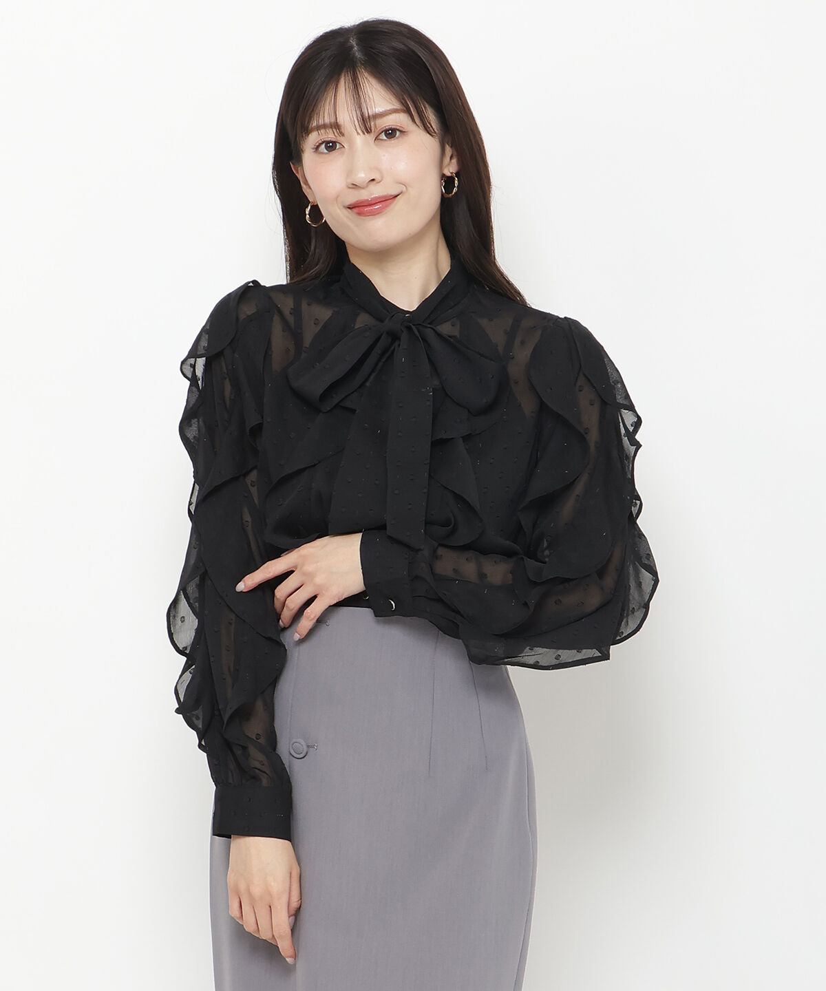 アンドクチュール「ラメドットジャガードボウタイブラウス」|シャツ・ブラウス|ブラック