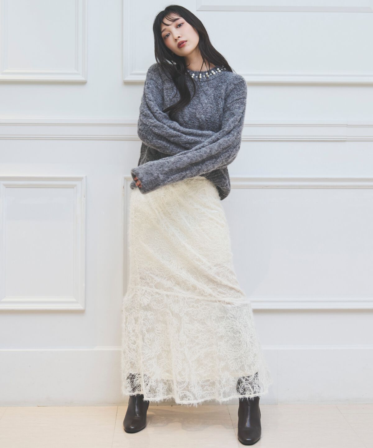 アンドクチュール「パール襟ケーブルニットプルオーバー」|ニット・セーター|