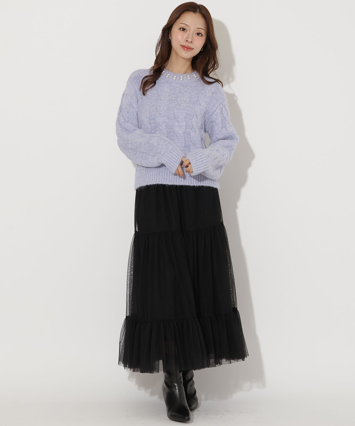 アンドクチュール「パール襟ケーブルニットプルオーバー」|ニット・セーター|