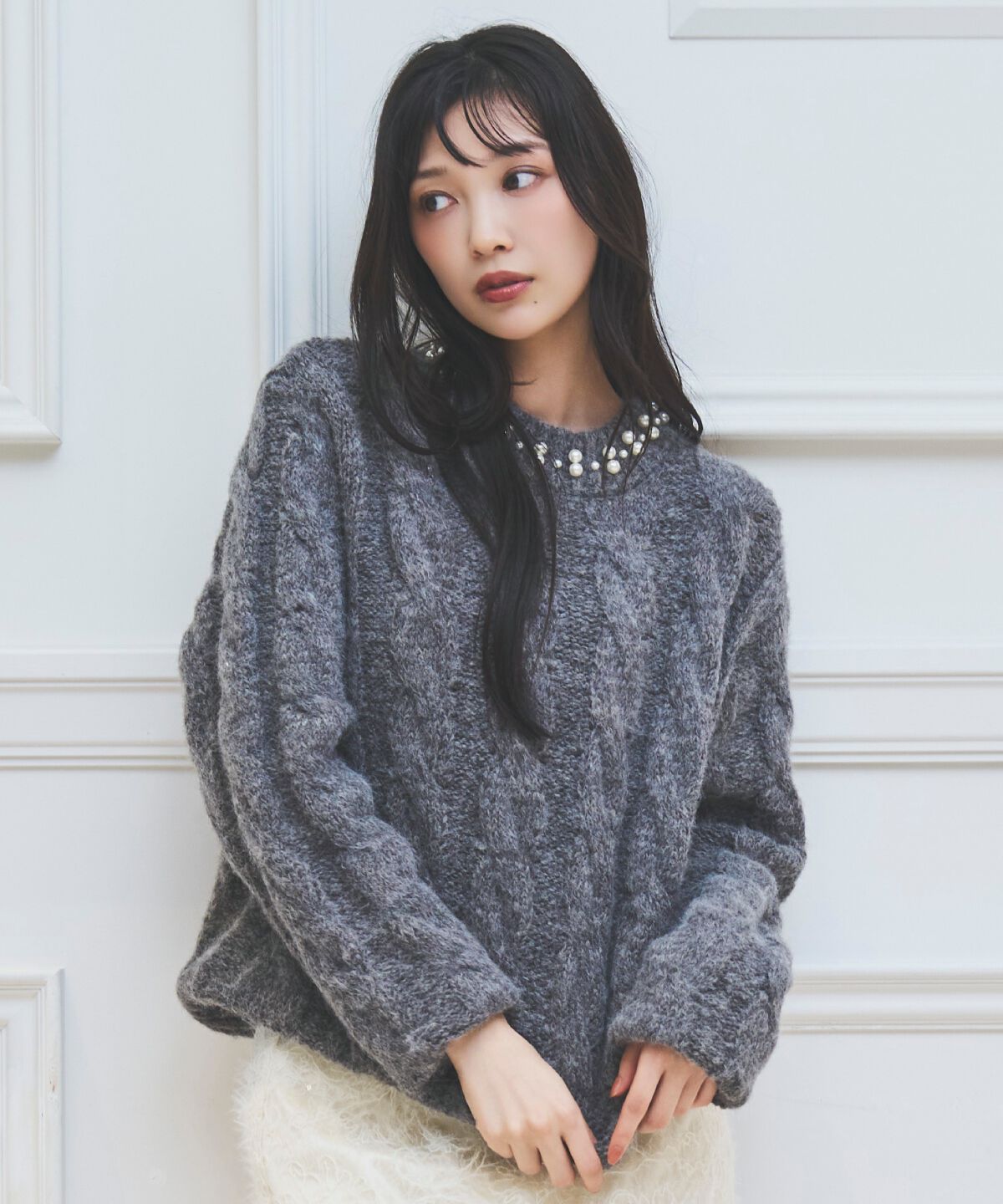 アンドクチュール「パール襟ケーブルニットプルオーバー」|ニット・セーター|