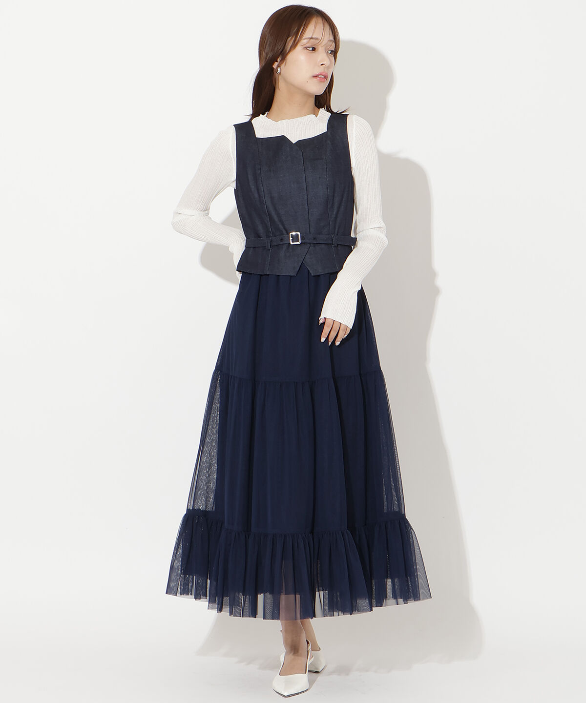 アンドクチュール「異素材ドッキングチュールワンピース」|ワンピース|