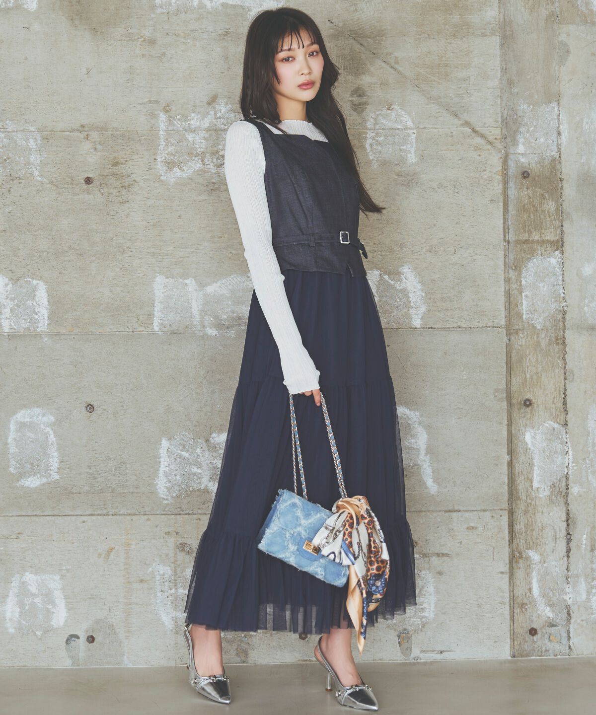 アンドクチュール「異素材ドッキングチュールワンピース」|ワンピース|ネイビー