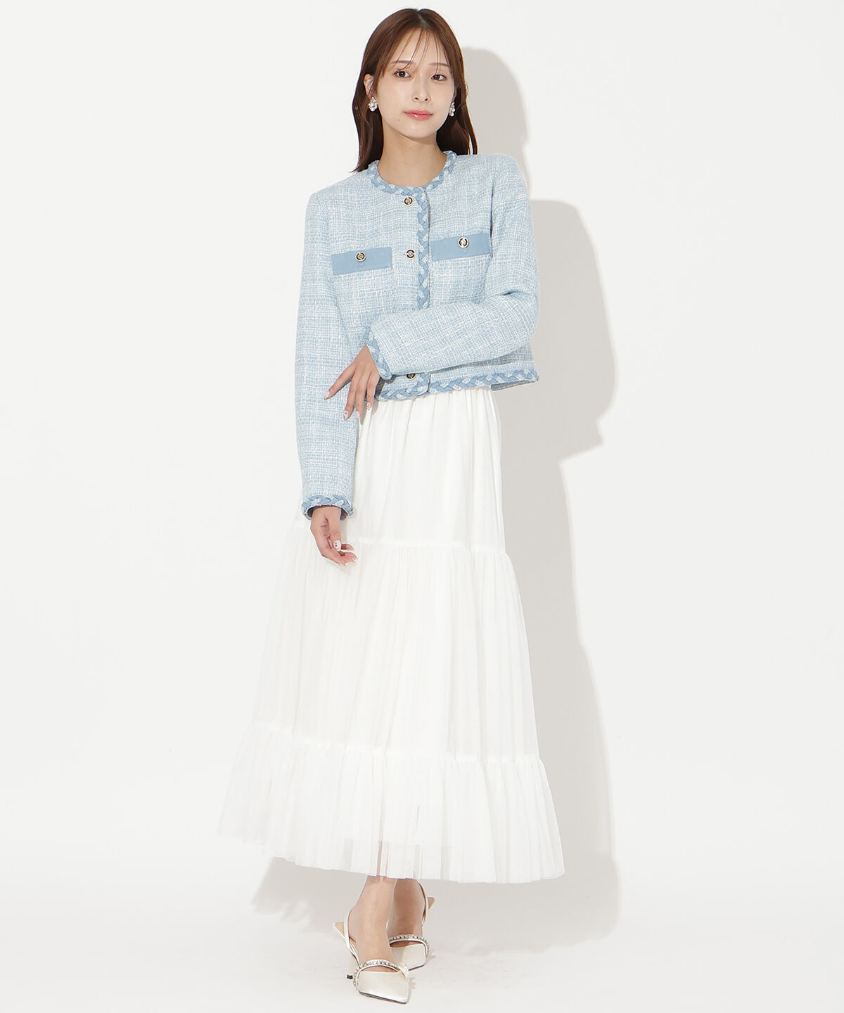 アンドクチュール「デニムコンビツイードジャケット」|ノーカラージャケット|