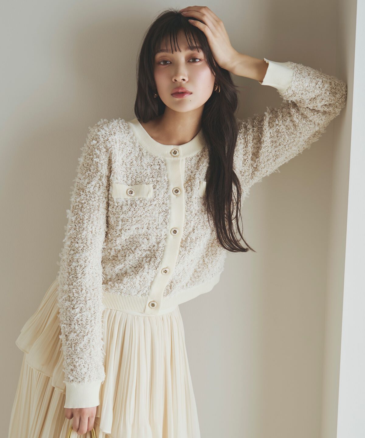 アンドクチュール「ラメ入りツイード調ニットカーディガン」|カーディガン|