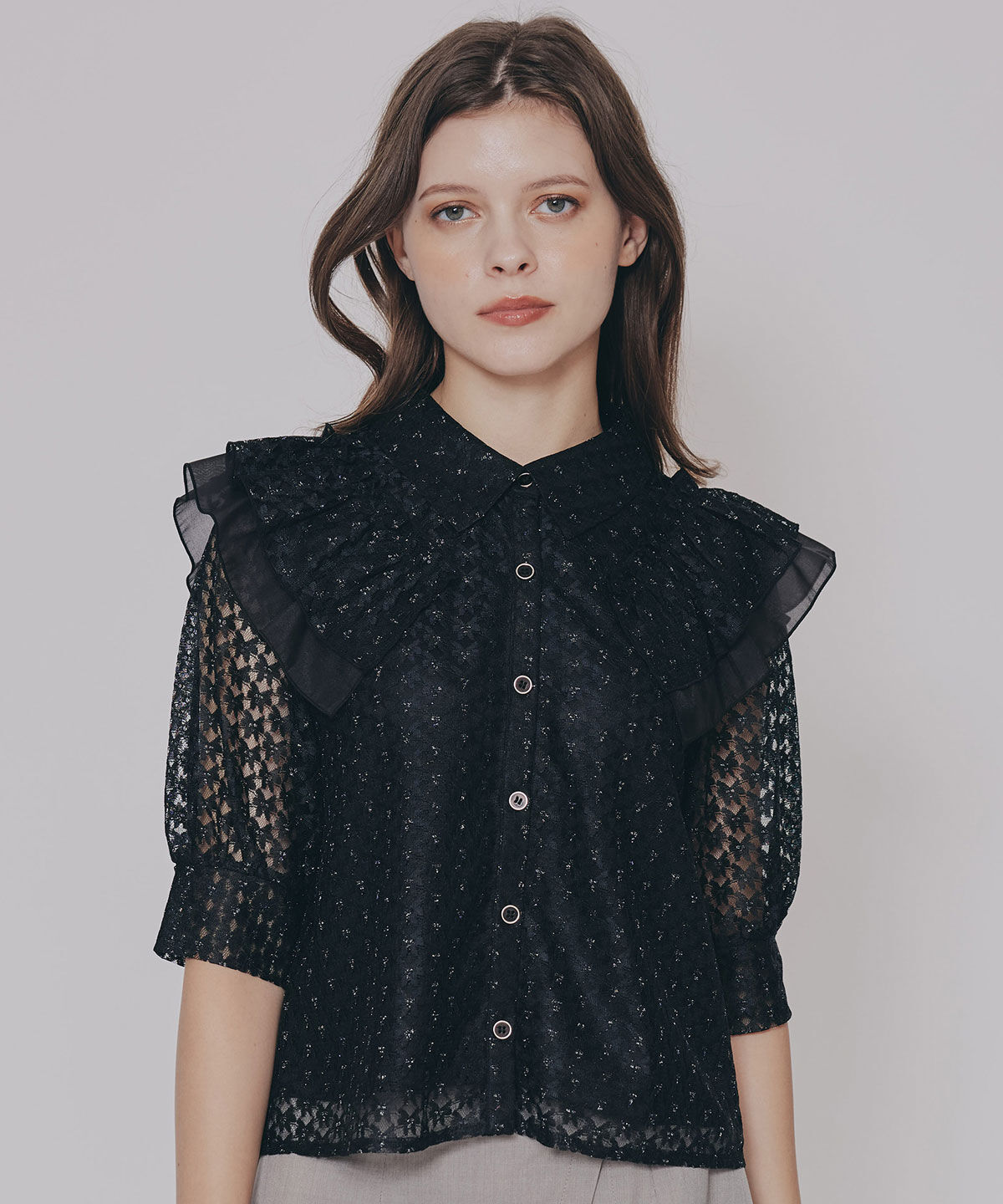 REDYAZEL「ラメレースフリルハーフスリーブブラウス」|シャツ・ブラウス|ブラック