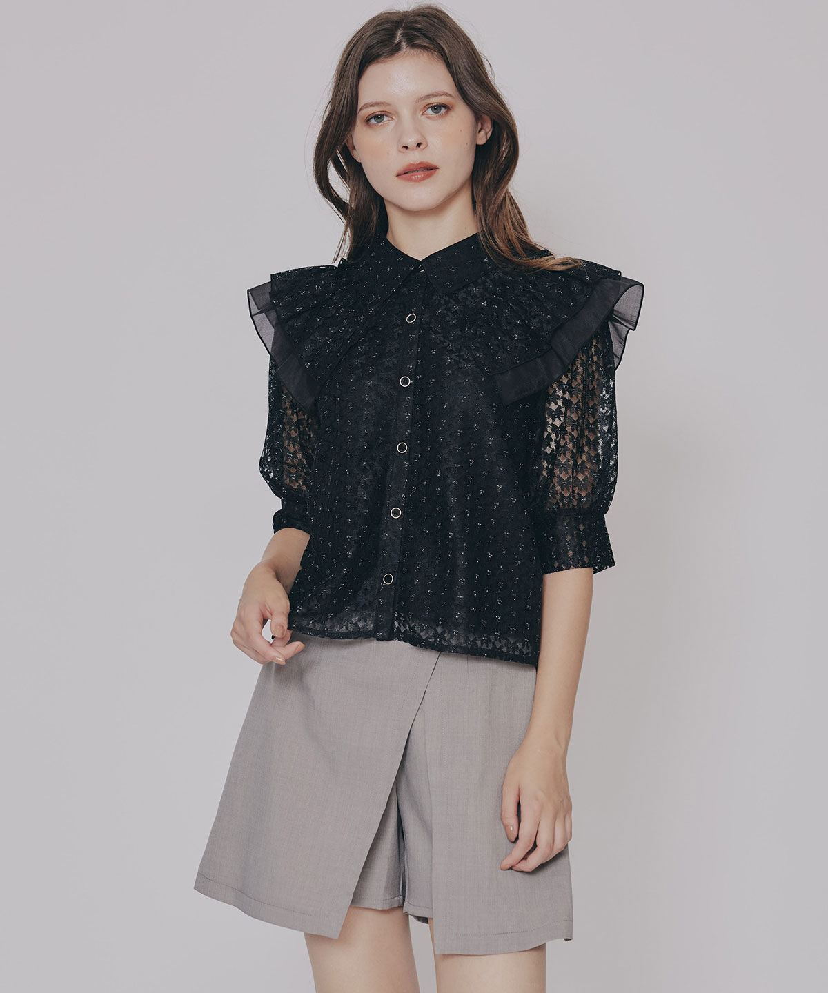 REDYAZEL「ラメレースフリルハーフスリーブブラウス」|シャツ・ブラウス|