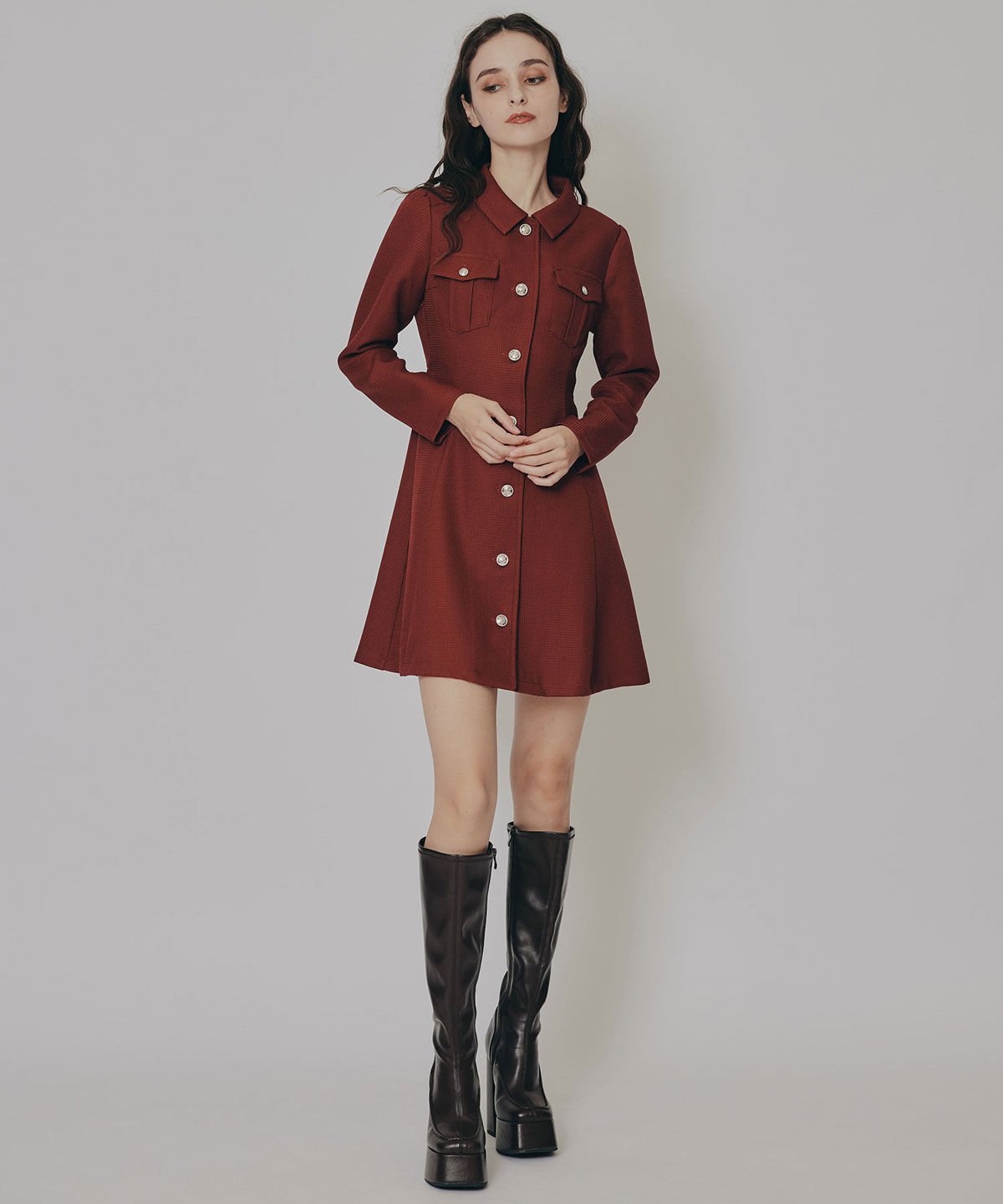 REDYAZEL「エンブレムボタンマイクロワッフルシャツワンピース」|ワンピース|