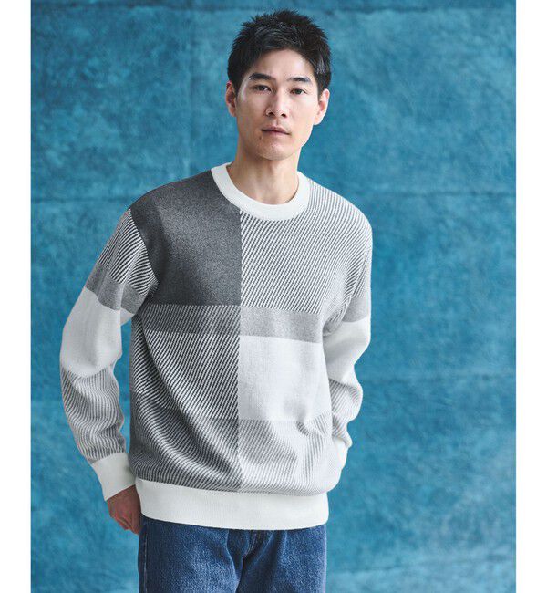 UNITED ARROWS green label relaxing「カラー ブロック ジャカード クルーネック ニット」|ニット・セーター|MD.GRAY