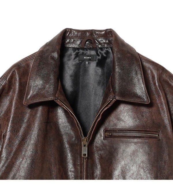 BEAMS「ワイドショートフィット ゴートレザー ジップブルゾン」|ブルゾン・スタジャン|