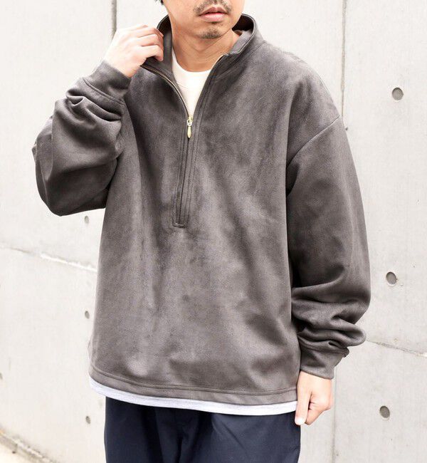 SHIPS any「SHIPS any; 〈洗濯機可能〉フェイクスエード (ポリエステル) / レイヤード ハーフジップ プルオーバー◇」|スウェット・ジャージ|ダークグレー