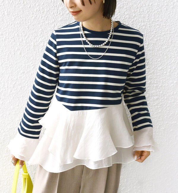 SHIPS for women「【WEB限定】〈手洗い可能〉ボーダー フリル ティアード プルオーバー」|Tシャツ・カットソー|ネイビー