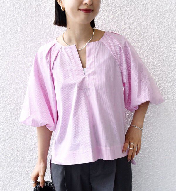 SHIPS for women「〈手洗い可能〉ストライプ バルーン ブラウス」|シャツ・ブラウス|ピンク系