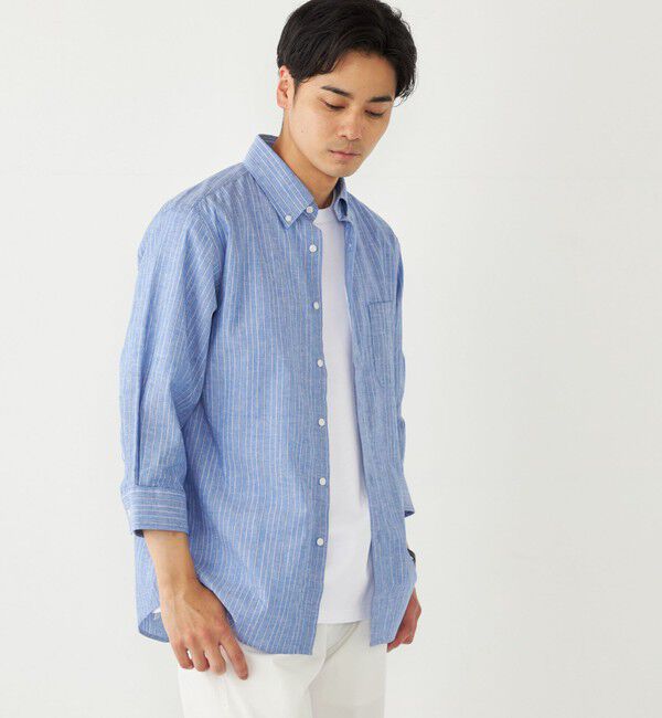 SHIPS Colors 「SHIPS Colors:コットン リネン ストライプ 7分袖 シャツ」|シャツ・ブラウス|ブルー