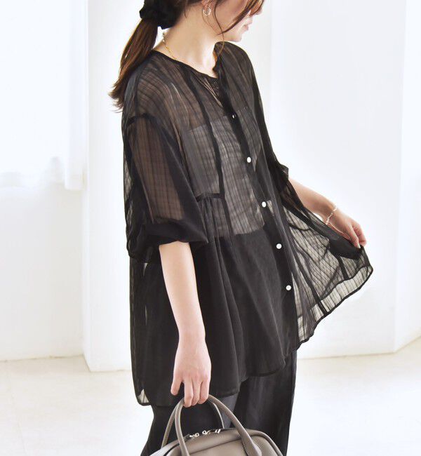 quaranciel「quaranciel:〈手洗い可能〉シアー チェック ノーカラー ハーフスリーブ ブラウス」|シャツ・ブラウス|