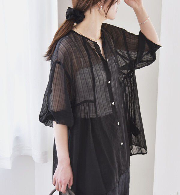 quaranciel「quaranciel:〈手洗い可能〉シアー チェック ノーカラー ハーフスリーブ ブラウス」|シャツ・ブラウス|