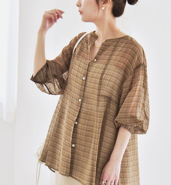 quaranciel「quaranciel:〈手洗い可能〉シアー チェック ノーカラー ハーフスリーブ ブラウス」|シャツ・ブラウス|