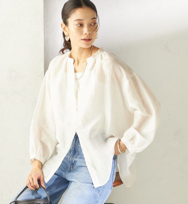 SHIPS for women「《予約》〈手洗い可能〉IMPERIAL LINEN 混 バンドカラー スキッパー シャツ」|シャツ・ブラウス|